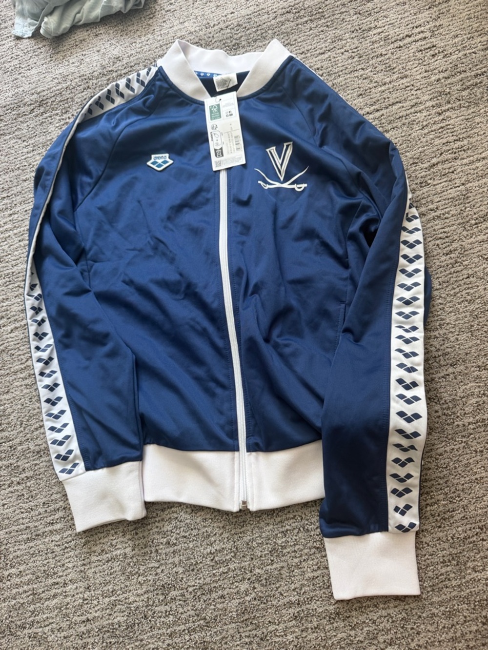 Navy Varsity-Style Bomber Jacket with White Trim UVA